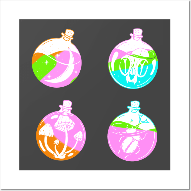 4 potion viles with a moon, cat skull, mushrooms and a scarabey inside cute gift Wall Art by AnanasArt